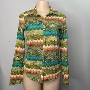 Wavy Stripe Button-Front Knit Top - Olive Multi